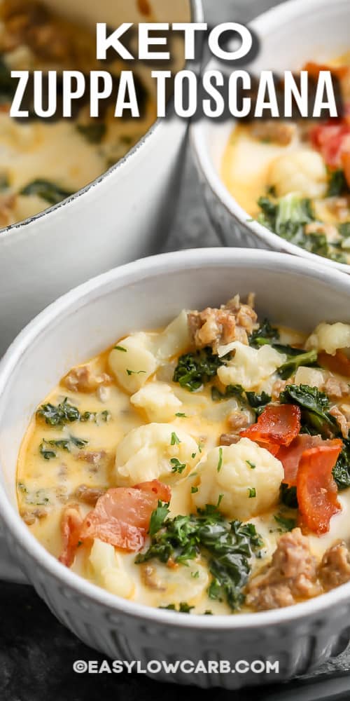 zuppa toscana in a white bowl with text