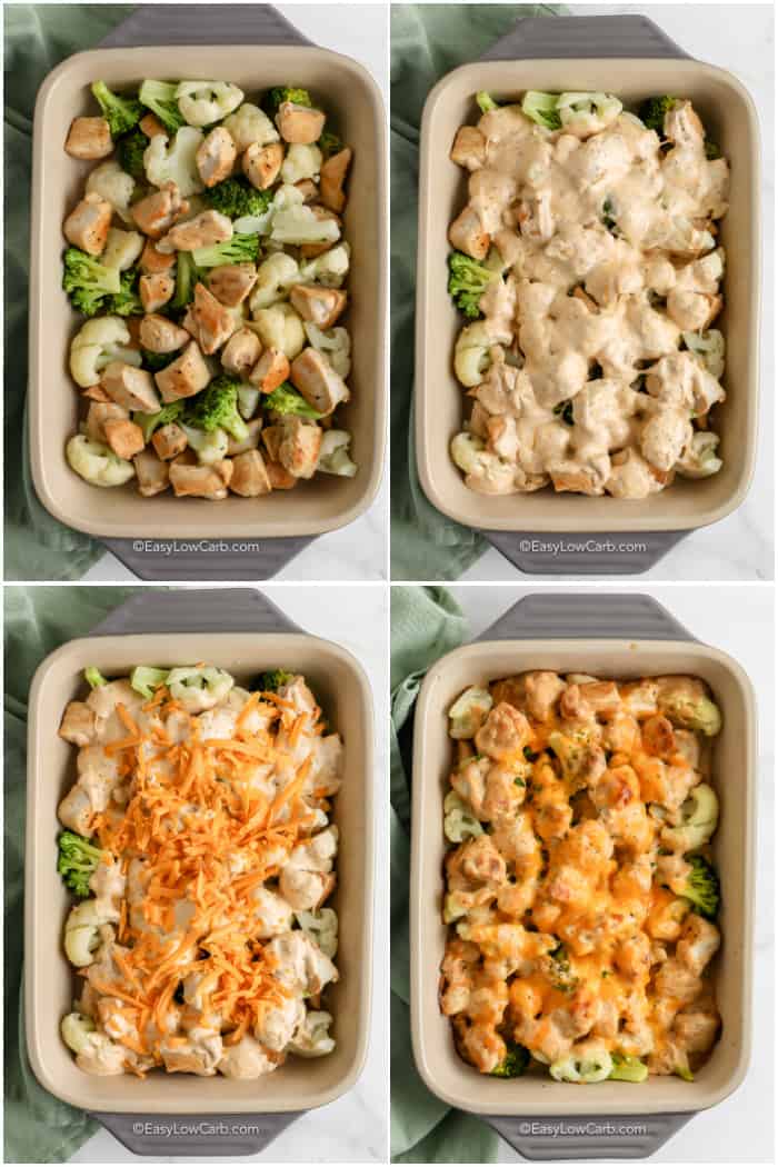 four images showing the process to make ingredients assembled to make Chicken Broccoli Cauliflower Casserole