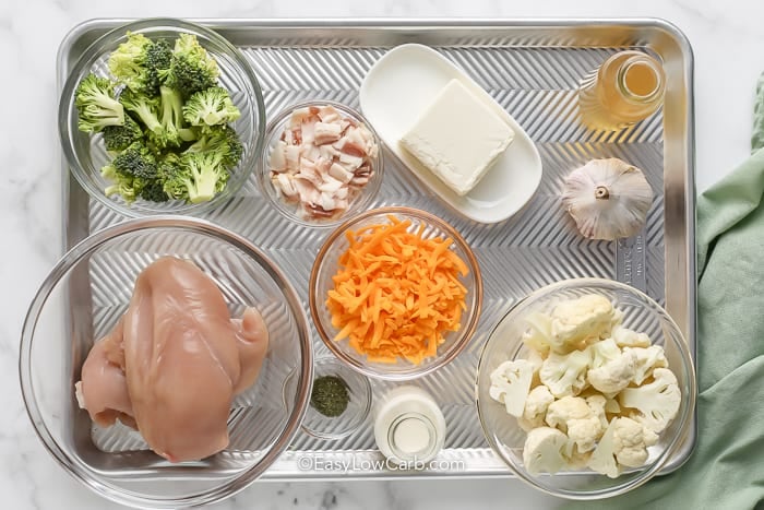 raw ingredients assembled to make Chicken Broccoli Cauliflower Casserole