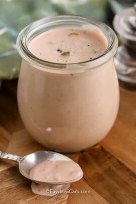 Keto Thousand Island Dressing in a jar with a spoon