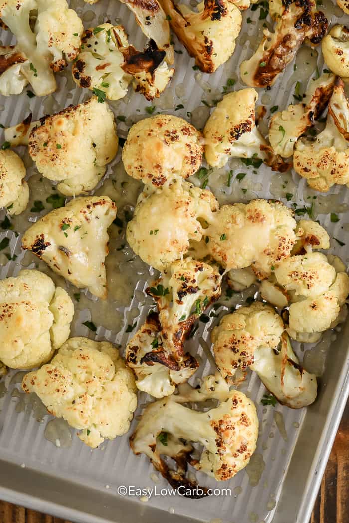 top view of parmesan roasted cauliflower on a pan