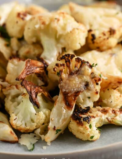 close up of parmesan roasted cauliflower on a plate