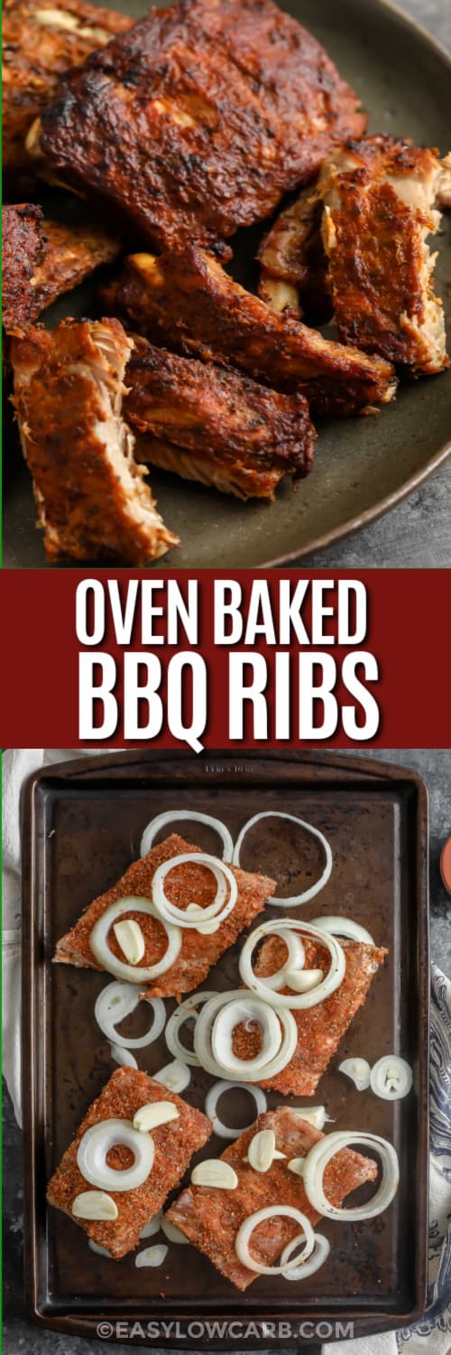 Oven Baked Ribs on a sheet pan with onions before being cooked and Oven Baked Ribs on a plate with a title
