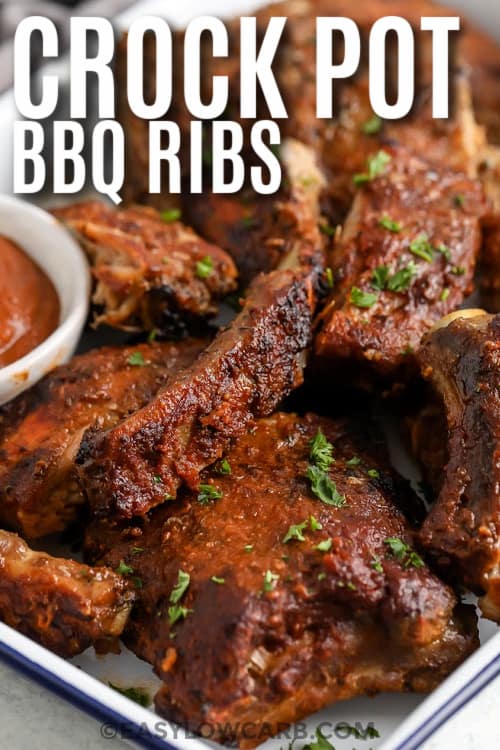 Crock Pot BBQ Ribs plated with sauce and text
