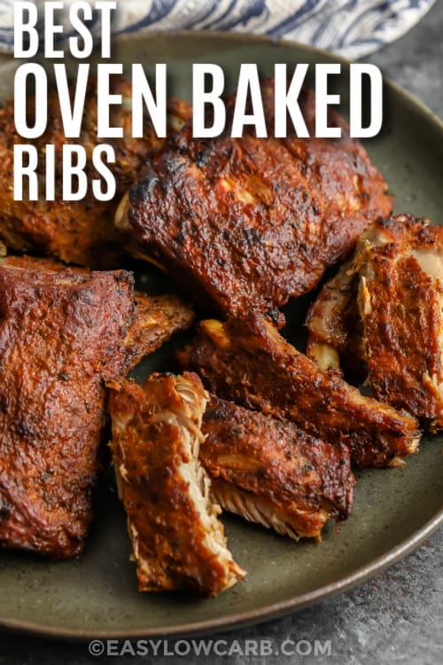 Oven Baked Ribs on a plate with writing