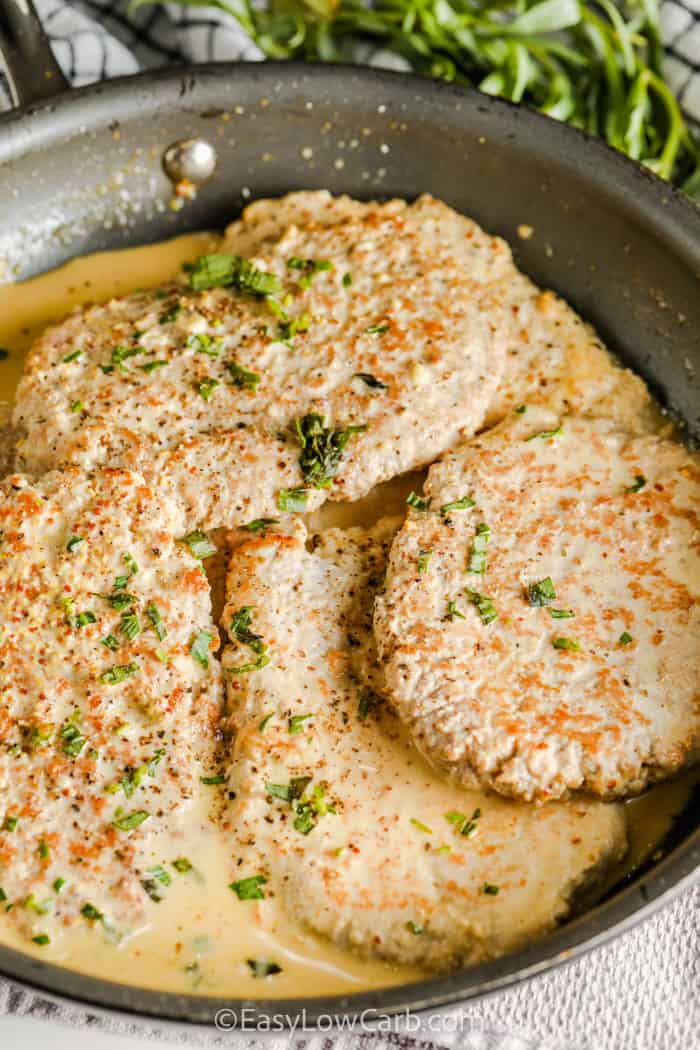 Turkey Cutlets with Dijon Sauce in the pan