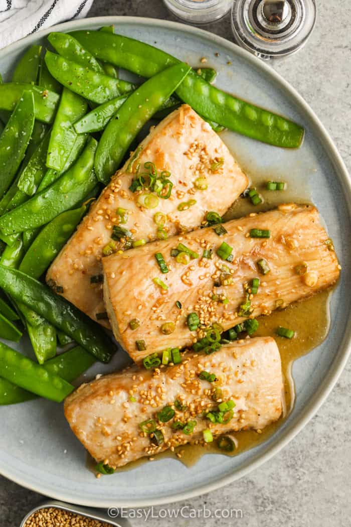 plated Baked Mahi Mahi with snap peas