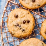 close up of cooked Keto Chocolate Chip Cookies on a cooling rack