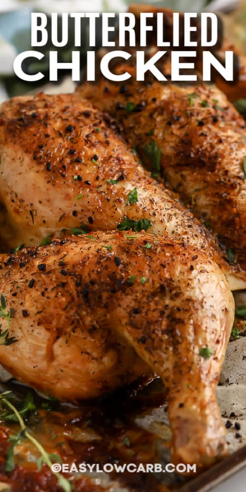 seasoned cooked Butterflied Chicken with text