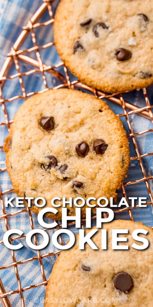 Keto Chocolate Chip Cookies on a cooling rack with a title