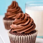 two chocolate cupcakes and a glass of milk