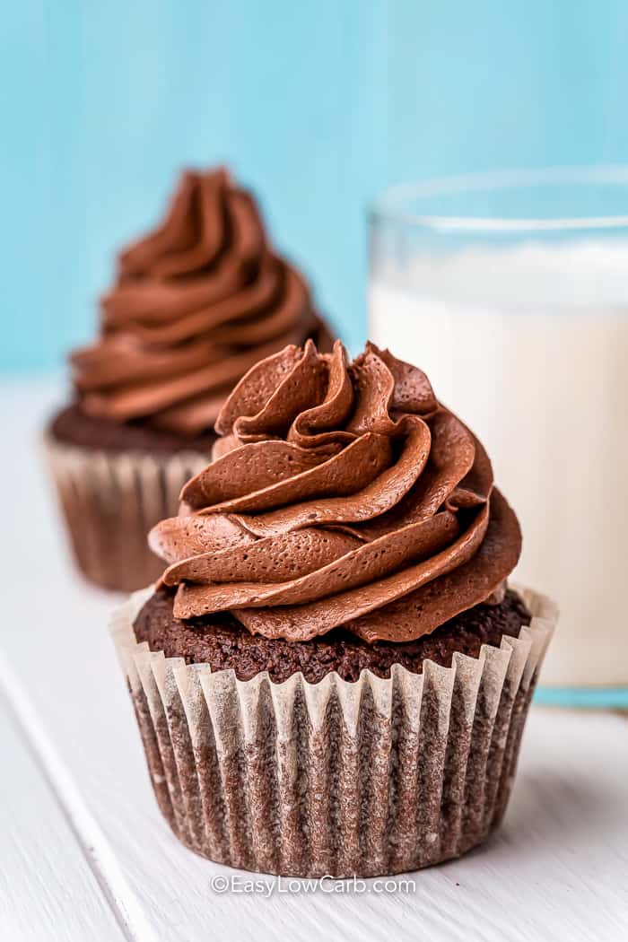 two chocolate cupcakes and a glass of milk