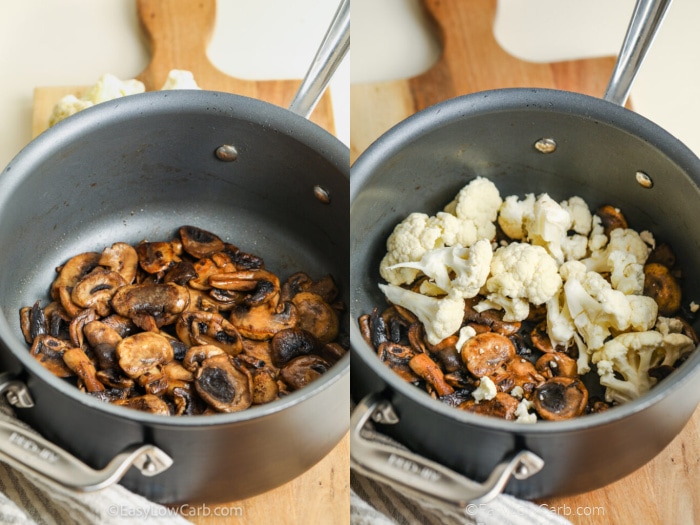 process of adding mushrooms and cauliflower to make Cream of Mushroom Soup Recipe