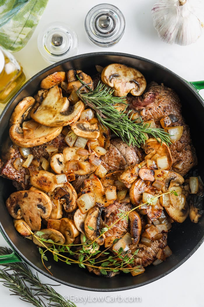 cooked ingredients in a pan to make Braised Steak and Mushrooms