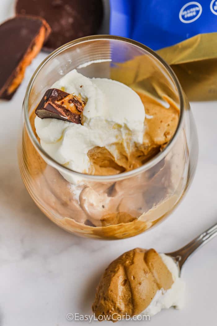 Chocolate Peanut Butter Mousse in a glass and on a spoon