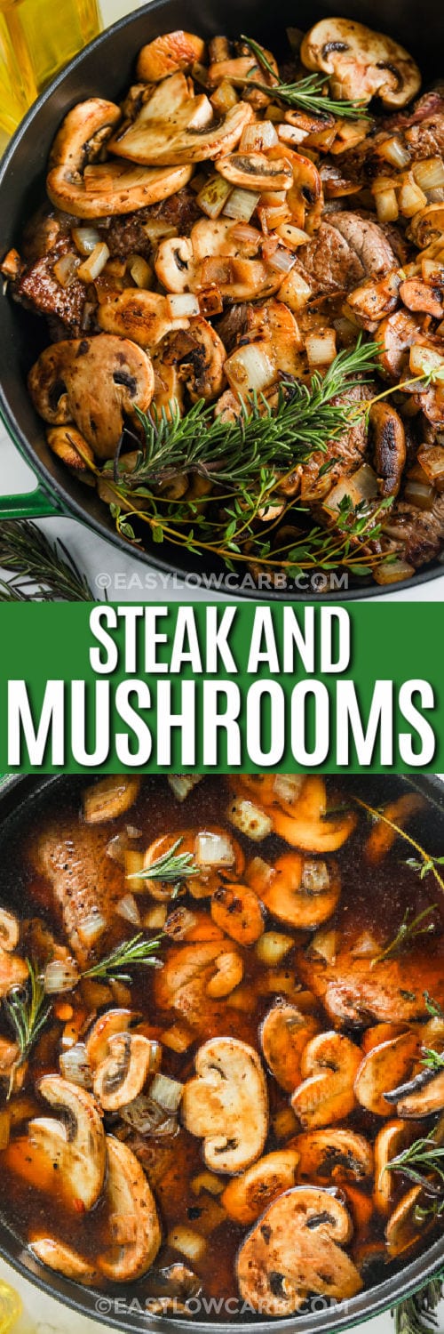 Braised Steak and Mushrooms cooking and finished in the pan with a title