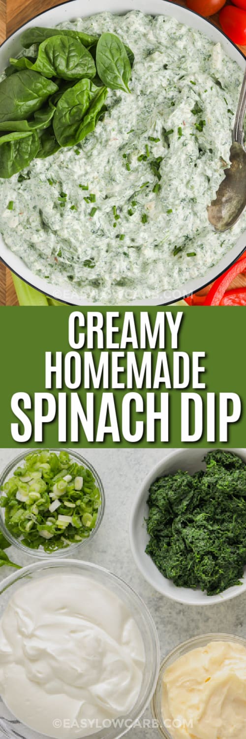 Top image - homemade spinach dip. Bottom image - spinach dip ingredients with text.