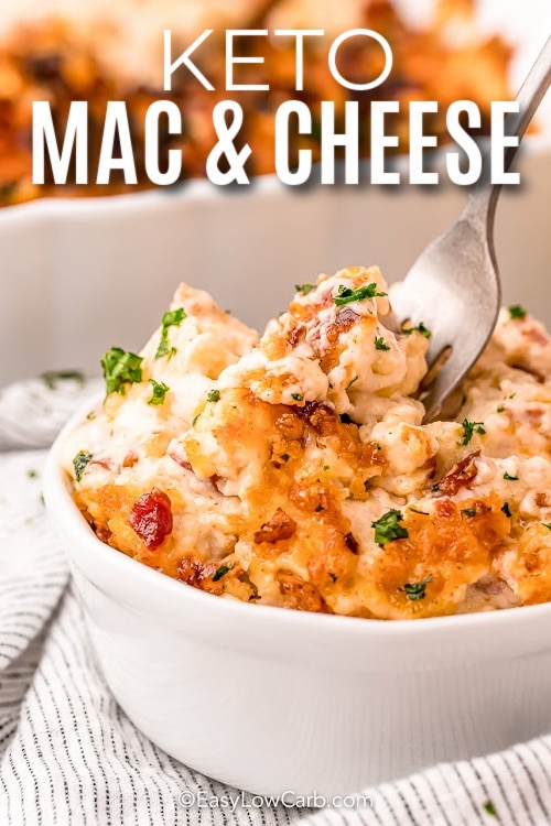 keto mac and cheese in a bowl with text