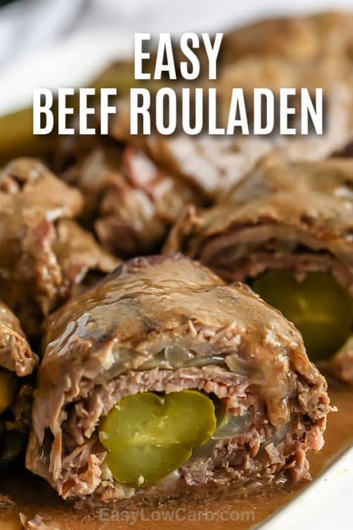 open Beef Rouladen on a plate with a title