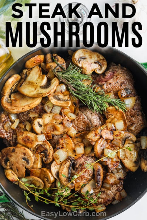 Braised Steak and Mushrooms in the pan with writing
