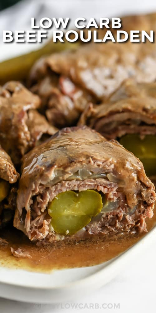 Beef Rouladen on a plate with a title