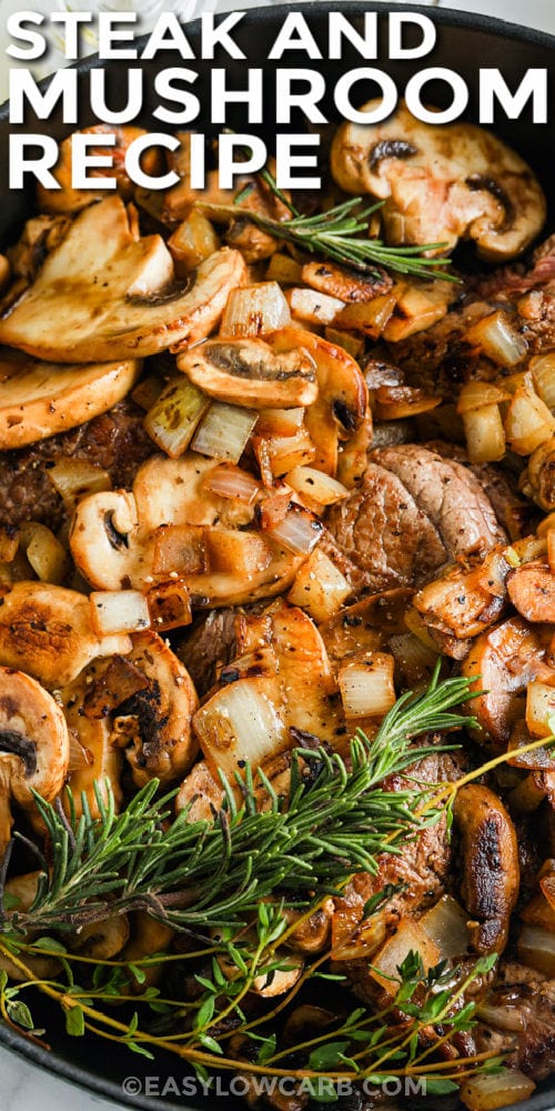 close up of Braised Steak and Mushrooms with a title