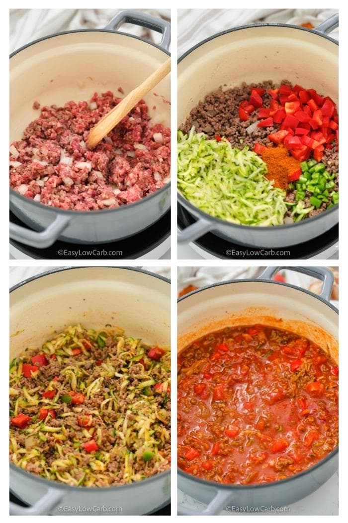 process of adding ingredients to pot to make Low Carb Chili