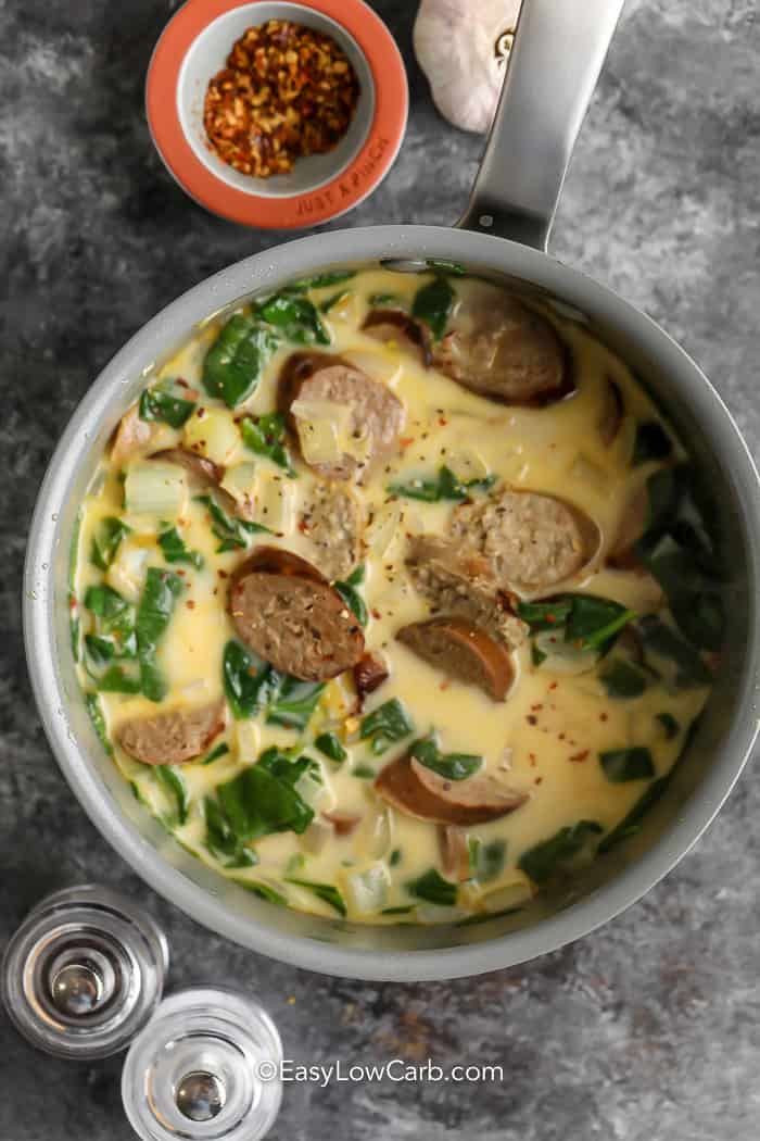 Creamy Sausage and Spinach Soup in a pot