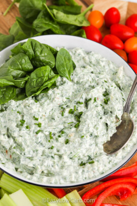 close up of Easy Spinach Dip in a bowl with a spoon