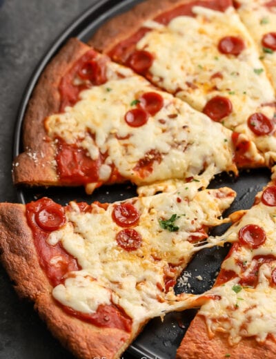 A prepared Fathead Pizza Crust with pepperoni and cheese.