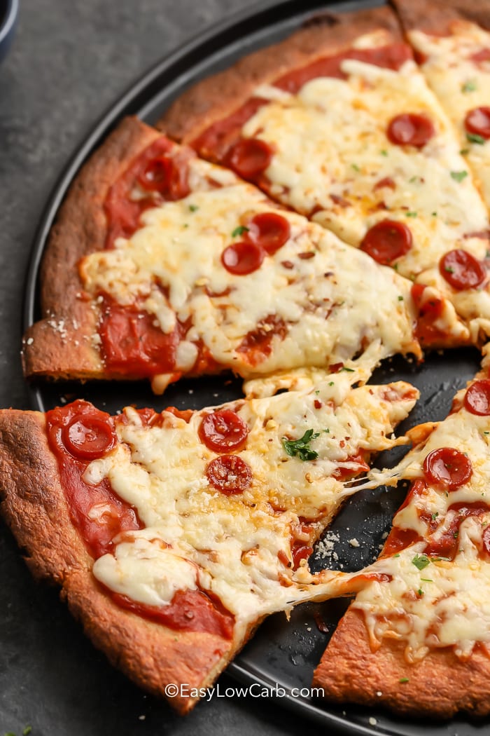 A prepared Fathead Pizza Crust with pepperoni and cheese.