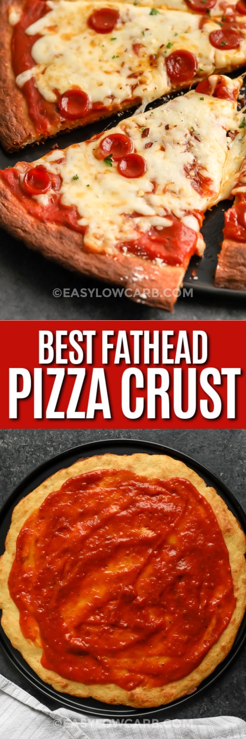 Top image - Fathead Pizza Crust with pepperoni and cheese. Bottom image -Fathead Pizza Crust with sauce with writing.