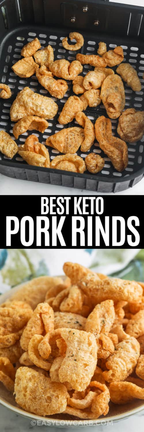 Ranch Pork Rinds Recipe in the air fryer cooking and plated with a title