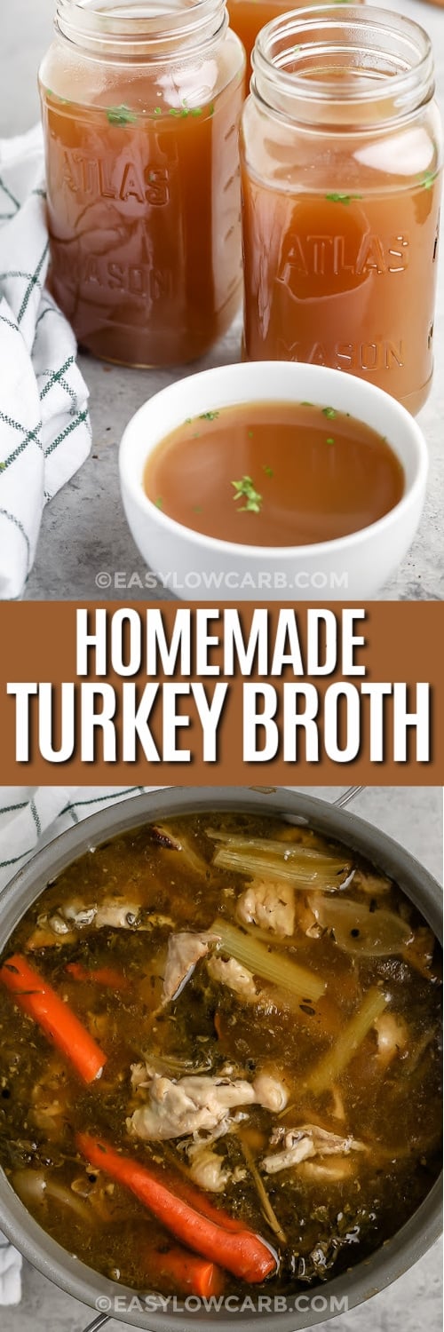 Top image - a bowl of turkey broth. Bottom image - turkey broth ingredients in a pot with text
