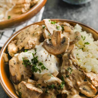 close up of plated Low Carb Beef Stroganoff
