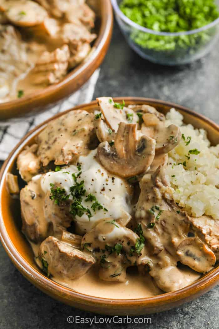 close up of plated Low Carb Beef Stroganoff