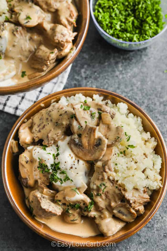 top view of plated Low Carb Beef Stroganoff