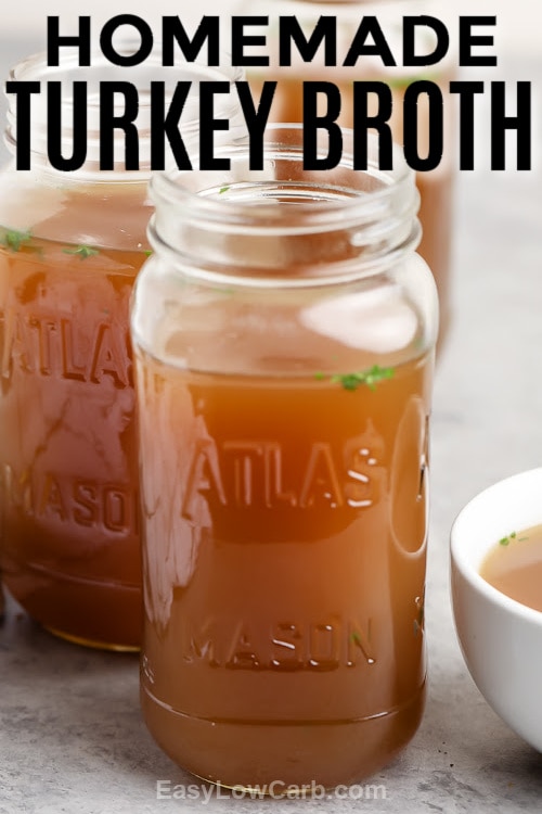 Turkey Broth in a mason jar with text