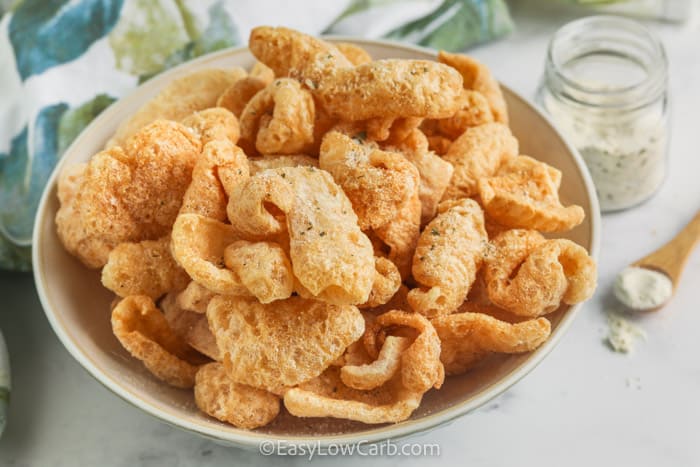 pork rinds in a bowl to show Ranch Pork Rinds Recipe