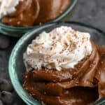Avocado Chocolate Pudding in glass bowls with a title