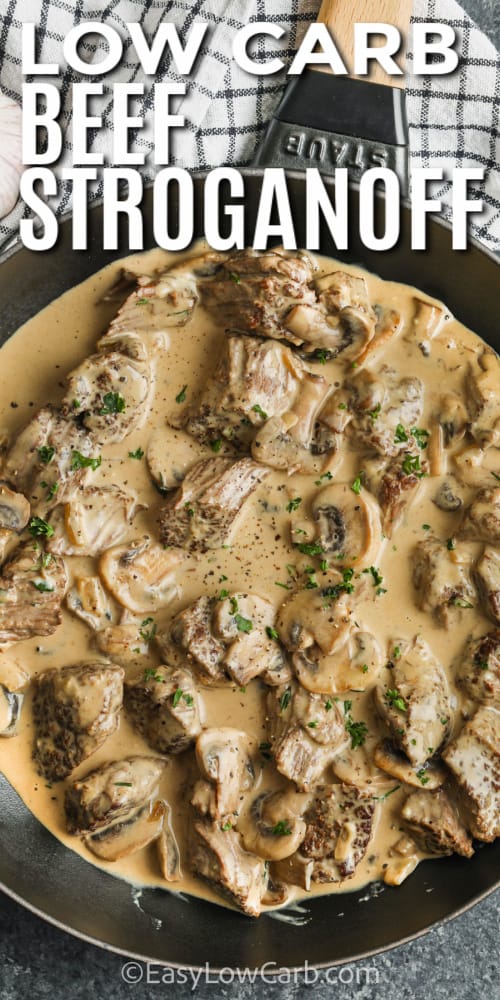 low carb beef stroganoff in a sauce pan with writing