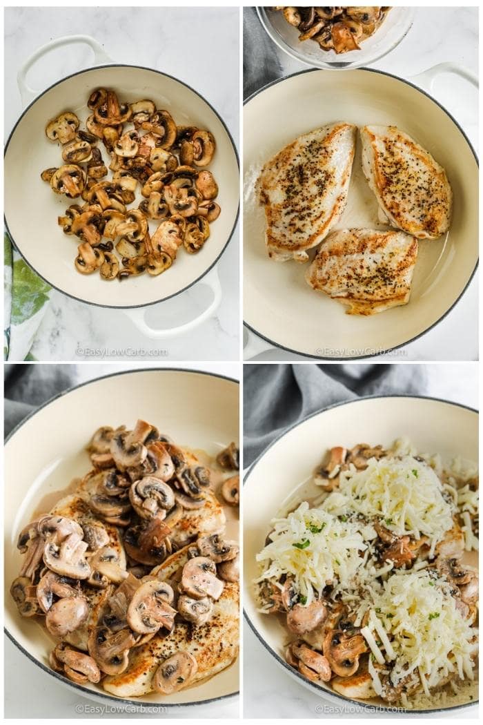 process of adding ingredients to pan to make Skillet Chicken and Mushrooms