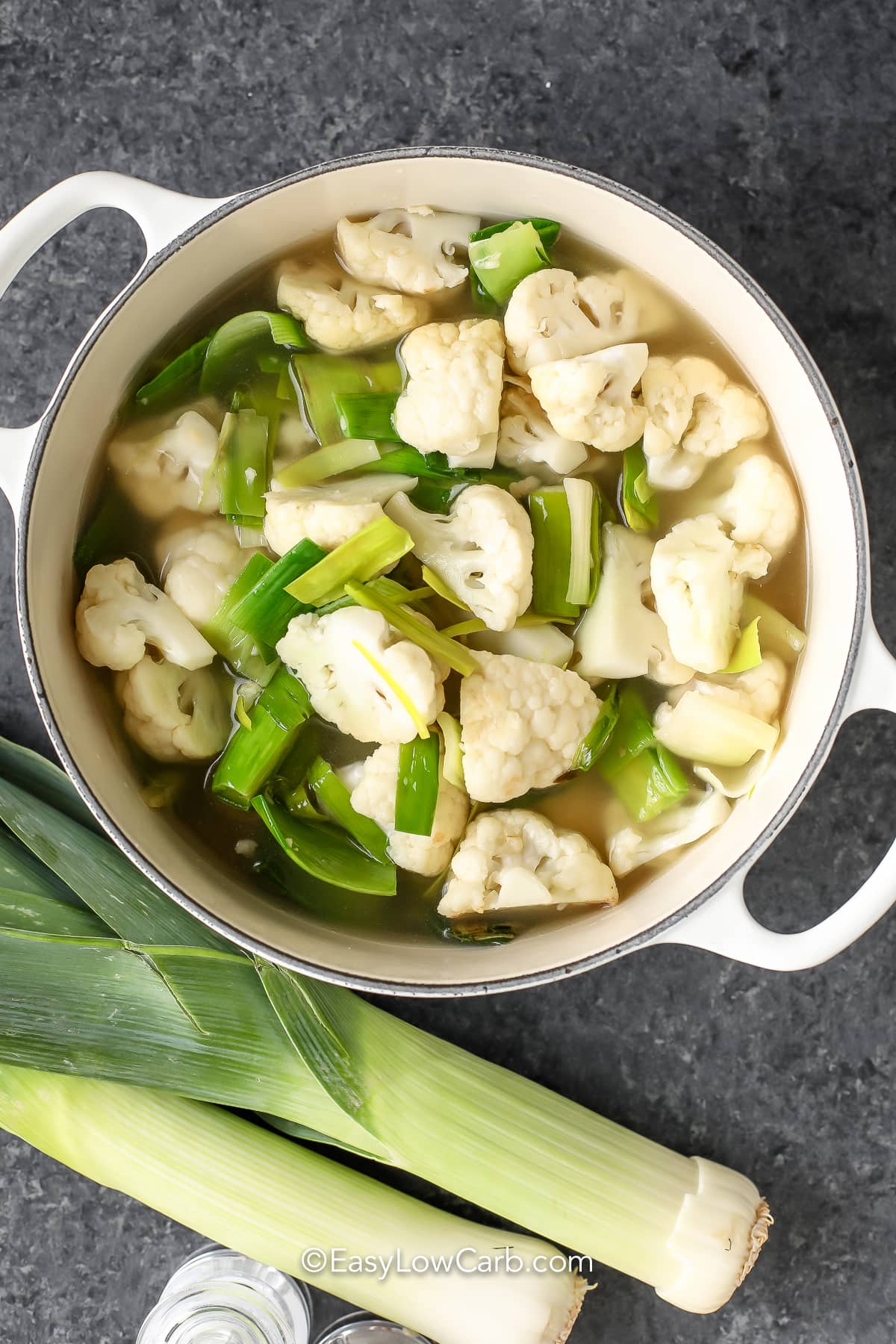 cauliflower and leeks in a pot for Cauliflower Leek Soup