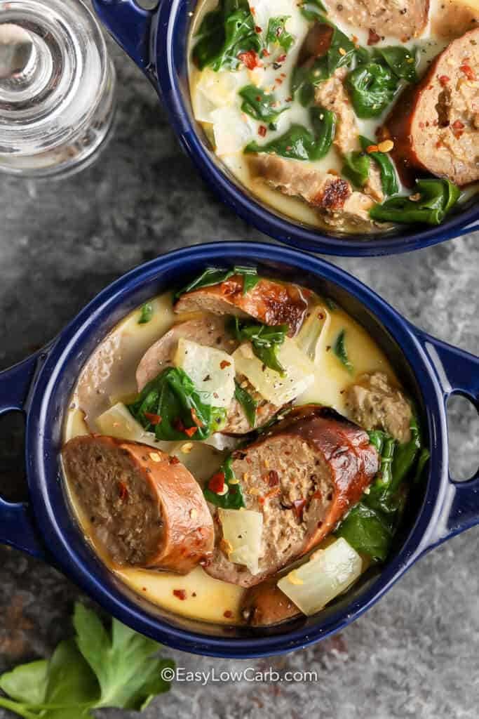 Creamy Sausage and Spinach Soup in bowls