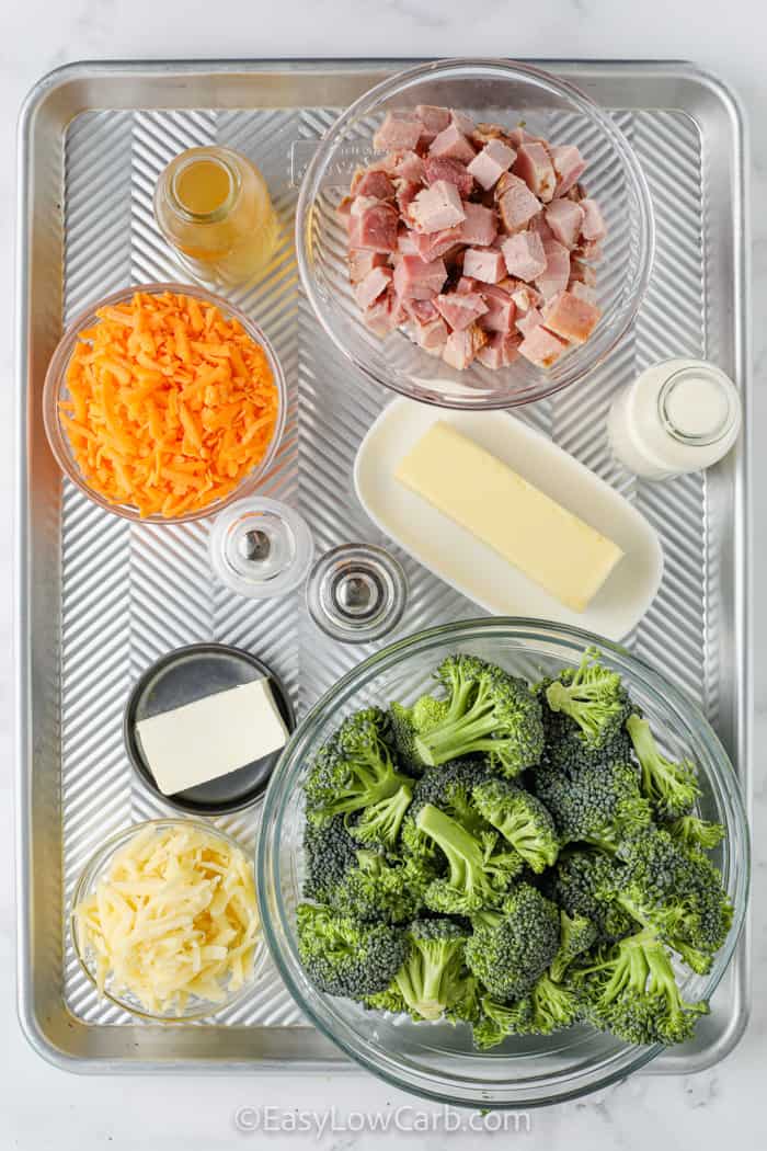 Ham and Broccoli Casserole ingredients on a sheet pan