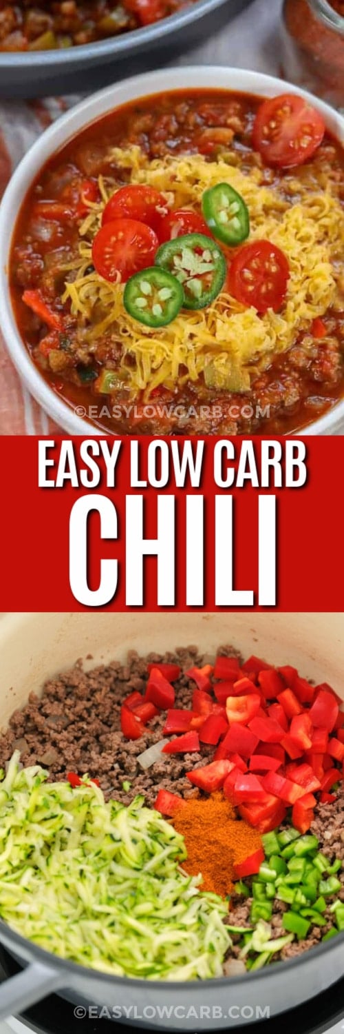 a white bowl with Low Carb Chili with toppings, and ingredients to make Low Carb Chili in a pot under the title