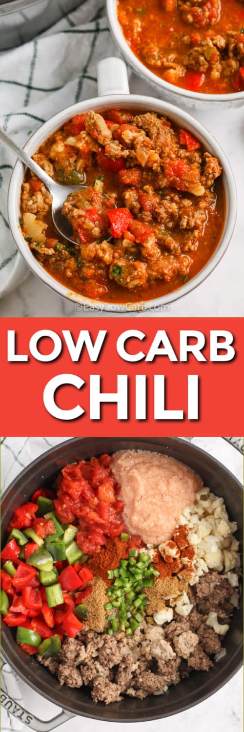 Low Carb Stovetop Chili ingredients in a pot and in a bowl with a title