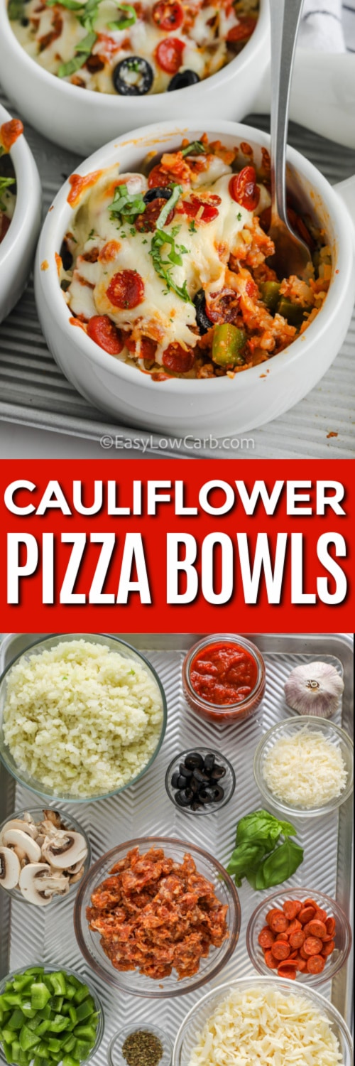 Pizza bowl ingredients and pizza bowls with a title