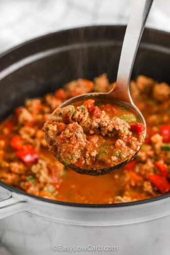 Low Carb Stovetop Chili in a pot with a ladle
