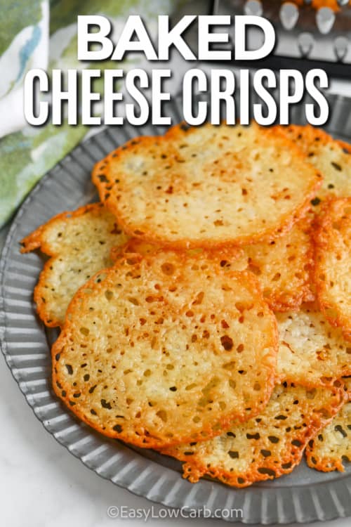 Mozzarella Cheese Crisps on a serving plate with writing